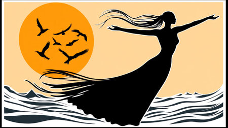 Silhouette of a woman with open arms at sunrise on a mountain, embracing the concept of positive energy and a healthy lifestyle. --chaos 30 --ar 16:9 --v 6.1 Job ID: e9dadcb5-7a5f-4d4a-994f-1072ead1f5afの素材