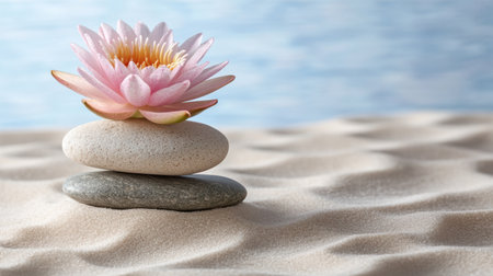 Photo of a pink lotus flower on the sand next to balanced stones in a zen garden, with a blue sky background. Web banner with copy space on the left. --chaos 30 --ar 16:9 --v 6.1 Job ID: 771e1cc7-3eb7-483d-89ce-2e47b6bc48e8の素材