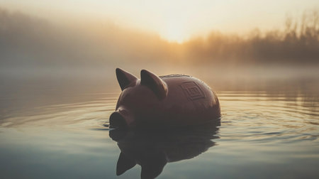 Photo of a piggy bank sinking in water, representing financial distress on a white background. Web banner with copy space on the right. --chaos 30 --ar 16:9 --v 6.1 Job ID: ead5a13a-e5ce-49cb-8679-b4c49825d1ccの素材