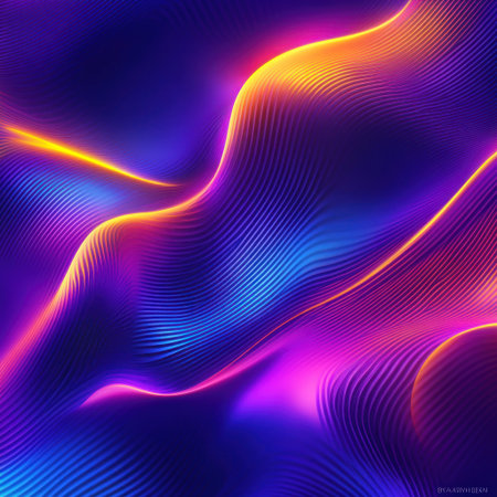 vibrant purple background with colorful neon waves, dark blue and yellow gradients, gradient, smooth curves, liquid shapes, minimalistic, psychedelic style, fluid forms, simple lines, dynamic composition, grainy texture, iridescent color palette, vibrant gradients, holographic colors, hyper-realistic, octane render, high resolution, by Michael Whelan, by Atef Ben rendered in cinema4d, flat design, poster art, volumetric lighting, sharp focus, symmetrical, depth of field, full frame camera --v 6.1 Job ID: 5baa7404-ad9c-46c2-a219-6decea661b60の素材