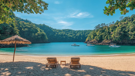Panoramic photograph of an amazing beach with two sun loungers and a straw umbrella, a blue sky, turquoise water, palm trees, and white sand, high-resolution photography. --chaos 30 --ar 16:9 --v 6.1 Job ID: 79f600a9-410d-476a-9e6d-0ebadd5217feの素材