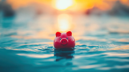 Photo of a piggy bank sinking in water, representing financial distress with copy space on the right side. Web banner with copy space on the left. --chaos 30 --ar 16:9 --v 6.1 Job ID: 75da2f8d-0360-4a91-8d34-a6d2fb69be5cの素材