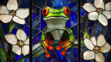 Stained glass of a green tree frog with bright orange eyes sitting on the edge, surrounded by white flowers and blue foliage, with vivid colors. --chaos 30 --ar 16:9 --v 6.1 Job ID: 532219f8-66ea-4c18-8a2d-79817c942dc2の素材