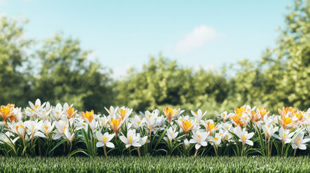 White crocuses in a purple flower meadow on green grass. Spring banner with copy space. Beautiful spring background. Stock photo, high resolution, sharp focus, studio lighting. --chaos 30 --ar 16:9 --v 6.1 Job ID: 204cb663-40c5-4cf4-9d6a-9d114bb84dedの素材