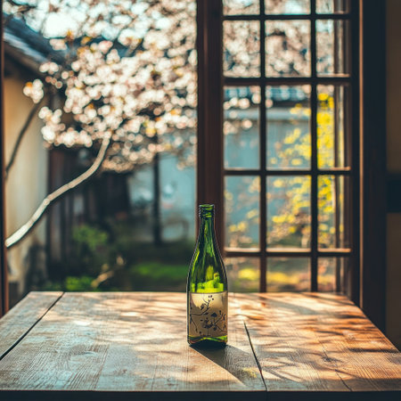 A bottle of green wine is placed on the table, with cherry blossoms blooming outside and traditional Japanese-style windows in the background. The composition highlights an empty wooden tabletop, creating a minimalist yet elegant scene. Soft natural light illuminates the interior space through the window, adding warmth to the overall atmosphere. This photo was taken using a Canon EOS R5 camera, presenting high-definition details. --v 6.1 Job ID: 34de6f2a-4ae6-4fea-8e7a-4938bd561d12の素材