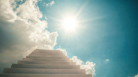 Stairs leading to the sky, white clouds, and a blue background, with sun rays shining through the clouds, creating an ethereal atmosphere. The stairs lead up into bright sunlight with light beams, symbolizing heaven or otherworldly spaces. This scene conveys a sense of hope for life after death and the presence of angelic beings in religious symbols. --chaos 30 --ar 16:9 --v 6.1 Job ID: ed4a3011-908f-45cd-80bb-dbf39a422372の素材
