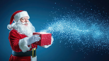 Year-end special offer banner with Santa Claus opening a gift box and light-glowing particles flying out of it, against a blue background with a magical atmosphere. Wide panorama in banner format, high-resolution photography, stock photo of high quality. --chaos 30 --ar 16:9 --v 6.1 Job ID: da9fa713-20cf-40f9-bd63-40b1da9dc58eの素材