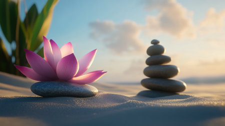 Photo of a pink lotus flower on the sand next to balanced stones in a zen garden, with a blue sky background. Web banner with copy space on the left. --chaos 30 --ar 16:9 --v 6.1 Job ID: 771e1cc7-3eb7-483d-89ce-2e47b6bc48e8の素材