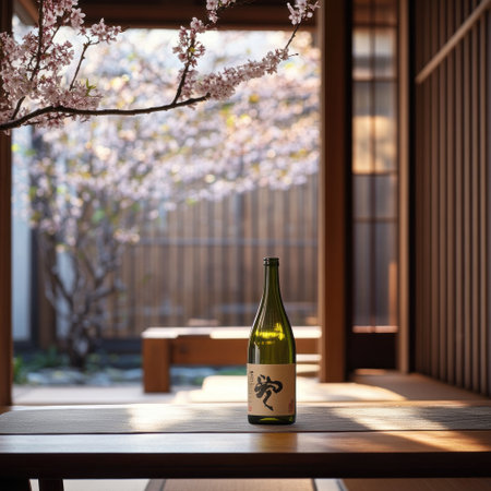 A bottle of green wine is placed on the table, with cherry blossoms blooming outside and traditional Japanese-style wooden windows in the background. The photo was taken with a Sony A7R IV camera using natural light. This scene creates an atmosphere full of Zen style, showcasing elegance through minimalism. In addition to this, it also highlights the exquisite details of floral patterns on the bamboo, adding a unique charm. --v 6.1 Job ID: 36190f49-21d8-45a0-b083-57fa37bd9ec1の素材