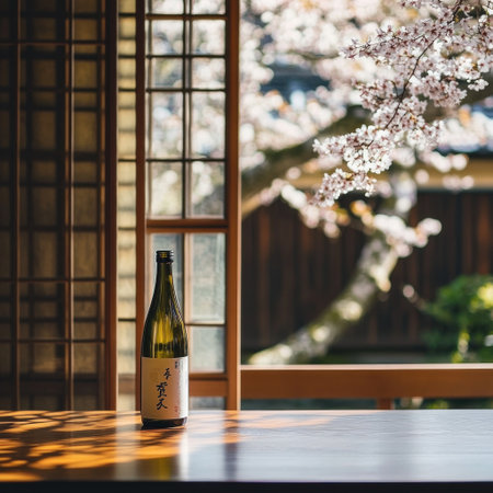 A bottle of green wine is placed on the table, with cherry blossoms blooming outside and traditional Japanese-style wooden windows in the background. The photo was taken with a Sony A7R IV camera using natural light. This scene creates an atmosphere full of Zen style, showcasing elegance through minimalism. In addition to this, it also highlights the exquisite details of floral patterns on the bamboo, adding a unique charm. --v 6.1 Job ID: 36190f49-21d8-45a0-b083-57fa37bd9ec1の素材