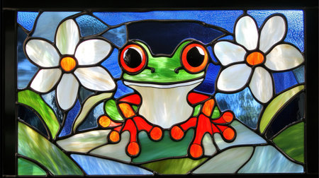 Stained glass of a frog with big eyes sitting on the edge, surrounded by white flowers and blue leaves, light green and dark cyan, against a black background, with vivid colors. --chaos 30 --ar 16:9 --v 6.1 Job ID: 8f3e8c5e-7db5-45d2-9a57-e45e0e115ba3の素材