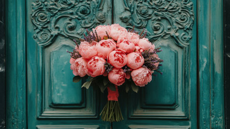 Photo of a bouquet of coral peonies and lavender against the background of an emerald green door with decorative elements. Web banner with copy space on the right. --chaos 30 --ar 16:9 --v 6.1 Job ID: f4ee3420-bb37-452c-8956-d01078bf94d6の素材