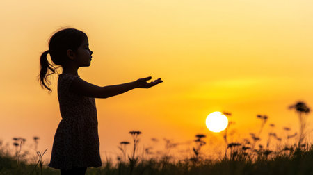 Silhouette of a woman with open arms enjoying the sunrise on top of a mountain, with copy space for text and a banner design background. A girl doing yoga at sunset in nature, a lifestyle concept. A greeting card, poster, or print template. A beautiful young girl standing on the hillside with her hands spread to the sky, in side view. The sun is rising behind her, with copy space for text and a banner design background. A happy Women's Day concept. --chaos 30 --ar 16:9 --v 6.1 Job ID: bffd0798-0381-4e77-b970-f873ce7e4b6bの素材