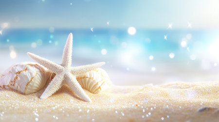 Sunny summer background with beach accessories and copy space, blue sea on the horizon, bright sunlight, golden sand at the seashore, vacation concept banner, wide format for advertising banner or poster design. --chaos 30 --ar 16:9 --v 6.1 Job ID: b6ae8b10-b85d-4dfb-bb8c-c531a17189d0の素材