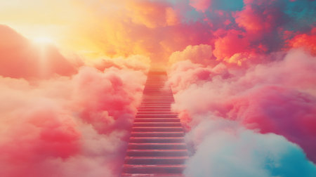 Stairs leading to the sky, surrounded by clouds and sun rays, symbolizing heaven or paradise. The background is colorful with warm tones of reds, oranges, pinks, and yellows. There's an ethereal glow emanating from behind the stairs, creating a sense of wonder in front of them. This scene conveys hope for rebirth after death, emphasizing spiritual realism. --chaos 30 --ar 16:9 --v 6.1 Job ID: d1457eb3-5f9e-41fa-a014-b90c8fcaa646の素材