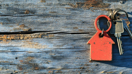 Photo of a house-shaped keychain with keys on a wooden background, representing home ownership and property. Web banner with copy space on the right side. --chaos 30 --ar 16:9 --v 6.1 Job ID: 3b91fda5-4dd1-4759-bbf7-0031ddbc7a27の素材