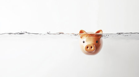 Photo of a piggy bank sinking in water, representing financial distress on a white background for web design. Web banner with copy space to the right. --chaos 30 --ar 16:9 --v 6.1 Job ID: f58991e9-5603-4dec-b075-921f6a9de460の素材