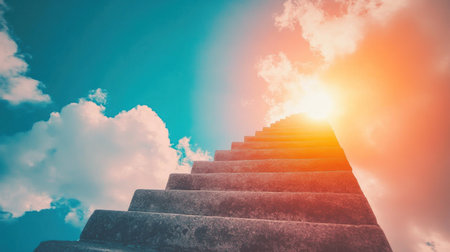 Stairs leading to the sky, white clouds and blue background, sunlight shining through them. The scene includes staircases extending into an open space of bright light against a backdrop of fluffy white clouds under a clear blue sky. A path in heaven leads up towards the sun. This is a symbolic representation of ascending to the divine or life after death. --chaos 30 --ar 16:9 --v 6.1 Job ID: 7393a57d-903a-4c26-8d87-fb491729c84dの素材