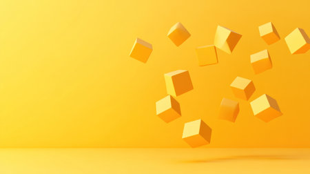 Yellow cubes flying on a yellow background, with motion blur, in a minimalistic style, with a flat design, 3D rendering, in the style of cinema4D, in a cartoon style, with low-poly elements, using simple shapes, with an orange gradient, in high resolution. --chaos 30 --ar 16:9 --v 6.1 Job ID: 089832d2-636a-4995-a1a2-0d03e8ceb6c0の素材