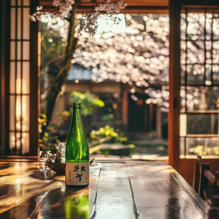 A bottle of green wine on the table, with cherry blossoms blooming outside and traditional Japanese-style wooden doors in the background. The scene is captured using Canon EOS R5 cameras, with a wide-angle lens capturing the entire room. Soft natural light illuminates the interior space, creating an atmosphere filled with Zen tranquility, in the style of a traditional Japanese painting. --v 6.1 Job ID: c29dc206-1c3a-4f5c-90dd-1d2a8a7412f6の素材