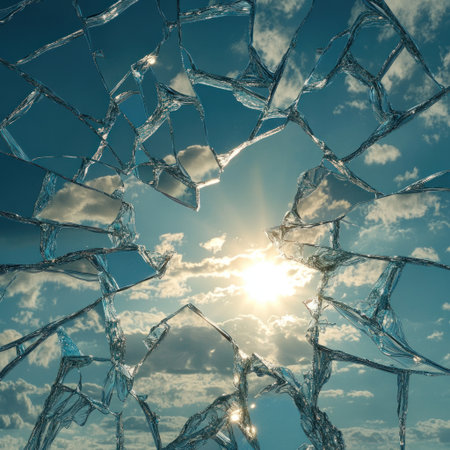 Shattered blue mirror, reflection of the sky, glass fragments, hyper-realistic, ultra-detailed, high-resolution, sun shining through the cracks. --v 6.1 Job ID: 47907eb3-0ece-433a-8153-ef63aba09b52の素材