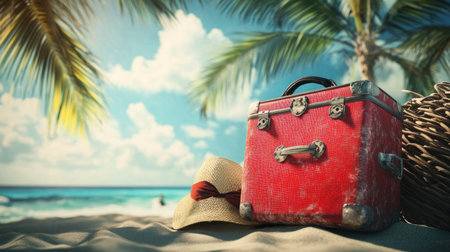 Vibrant travel suitcase with beach gear and summer vacation elements on the sandy shore of an exotic island, banner design, blue sky background, banner format, high resolution, wide composition, bright colors, detailed textures, and joyful atmosphere, in the style of . --chaos 30 --ar 16:9 --v 6.1 Job ID: d029a3fd-7490-426a-ae9d-0e29a78ff705の素材