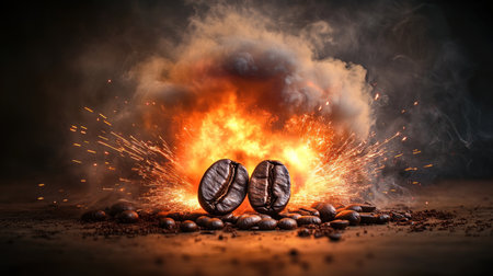 Falling coffee beans, an explosion of smoke and sparks, a dark background, a close-up view, a bokeh effect, depth-of-field blur effects, and hyper-realistic photography. --chaos 30 --ar 16:9 --v 6.1 Job ID: eff934c5-e233-458f-bd45-51370c5c9b9fの素材