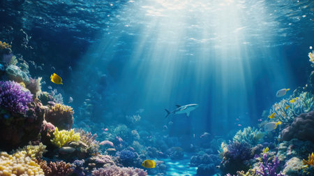 Underwater background with beautiful coral reefs, colorful fish, and sharks swimming around in the deep ocean, with sunlight filtering through the water's surface. High resolution. The scene is set at sea level, showcasing an underwater world filled with marine life. A serene blue color scheme complements the aquatic theme of the composition. This vibrant underwater landscape creates an atmosphere of tranquility and wonder for any coastal or environmental-themed design project. --chaos 30 --ar 16:9 --v 6.1 Job ID: 823bb8c1-ef98-4646-87c7-f31d7a312752の素材