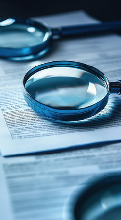 Close-up of blue magnifying glasses and documents, illuminated by soft lighting, creating an atmosphere of mystery in the office environment. The background is a dark gray gradient with subtle light reflections on the surface of the paper, adding depth to the scene. High resolution, detailed textures, realistic photography style. --ar 71:128 --v 6.1 Job ID: 00f1ab75-08d4-46d1-a4a3-5d4ab5caad58の素材