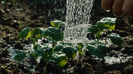 Hand-watering young seedlings on a green background, a banner for environmental protection and organic food production concept. A hand waters the sprouts of plants with water drops against the backdrop of sunlight rays. Wide-angle lens, natural lighting. --chaos 30 --ar 16:9 --v 6.1 Job ID: 24d96659-e6df-458f-a8cf-bf54cb3fad96の素材