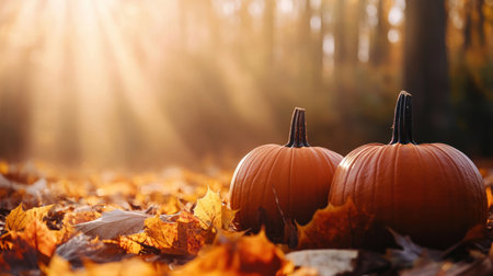 Autumn background with pumpkins on leaves in a forest at sunrise, a Halloween concept. Autumn pumpkins and an autumn nature landscape background with a copy space area for design. A panoramic banner of the fall season with sunlight rays. --chaos 30 --ar 16:9 --v 6.1 Job ID: c57b832c-3f55-4106-ba3e-ccacfb2aee32の素材