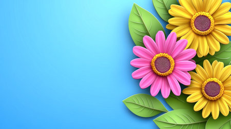 Colorful sunflowers and pink gerbera daisies with green leaves on a blue background banner, vector illustration in a cartoon style for kids. The design is colorful, detailed, and very realistic, with high resolution. --chaos 30 --ar 16:9 --v 6.1 Job ID: e91a082f-beae-47af-908d-6cd3daf091c3の素材