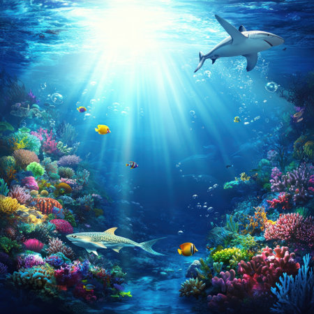 A vibrant underwater scene with colorful coral reefs, playful fish swimming around, and large sea creatures like sharks or turtles, all under the shimmering blue ocean water. The sunlight filters through to create a warm glow on everything below the surface. This background would be suitable for marine-themed designs or as an overall coastal backdrop. --v 6.1 Job ID: bc33452e-67a9-4ecd-ac16-df604a5a6d83の素材