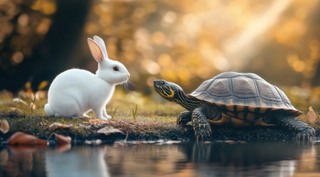 A white rabbit and an ancient turtle near the water, realistic photo shoot, cartoon style, cinematic shot, high resolution, hyper-realistic quality. --ar 128:71 --v 6.1 Job ID: 5271270d-6374-4975-aa57-85165b07ee7bの素材