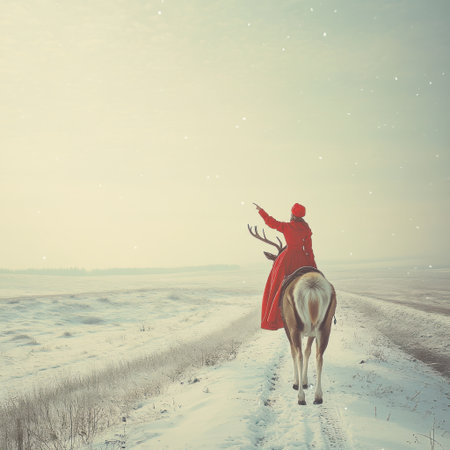 A woman in red rides on the back of an animal with antlers along her path, pointing to something in the distance, a snowy field and sky, realistic photography, distant view, surrealism, minimalism, soft tones, light background, large aperture. --v 6.1 Job ID: b1452157-1b54-42fe-a809-7d7d9fe44b3eの素材