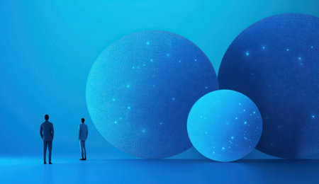 Blue background with three large blue circles in the center, representing different stages of growth and development. The circular shapes represent data or analytics elements, creating an abstract representation of market trends and future advertising insights. A simple yet elegant design that conveys innovation and technology. --ar 26:15 --v 6.1 Job ID: cbdf00d7-f46e-44ea-8a23-827bd7a88d6fの素材