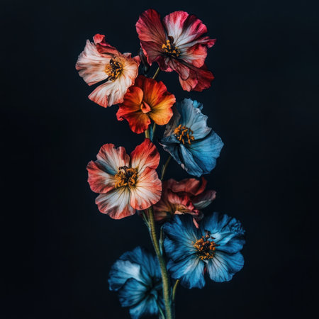 Colorful flowers, dark background, hyperrealistic photography --v 6.1 Job ID: fb613356-33f9-4957-876e-305394ecfdb1の素材