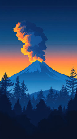 Cute cartoon vector-style landscape illustration of Mount Fuji, with the silhouette visible against a blue sky at sunset. The volcano is erupting and emitting smoke clouds from its peak, creating an intense contrast between dark blues and oranges. In front of it stand tall trees that stand out in sharp detail on a clear night. This scene captures both the elegance and power of nature's creation. --ar 71:128 --v 6.1 Job ID: 8f4e62cd-1d16-4e22-a5ce-25ed27c850c3の素材