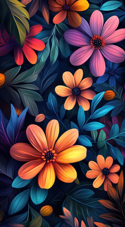 Colorful flowers in the style of vibrant illustrations, detailed foliage, colorful wood carvings, a dark blue background, digital art techniques, pink and orange hues, a hand-drawn illustration, colorful leaves, richly colored petals, large petals, bright colors, a cute cartoon design, and highly realistic. --ar 71:128 --v 6.1 Job ID: e1f032fe-e35b-4ba4-bfff-07ed4ef45425の素材
