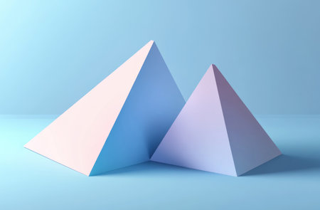Isometric 3D rendering of two simple shapes in pastel colors, one triangle and the other semi-delta with a solid background. The scene is minimalistic yet visually appealing, with soft lighting to highlight their forms. --ar 23:15 --v 6.1 Job ID: 34ba15ac-e420-4bd6-948a-e6f2de296f6bの素材