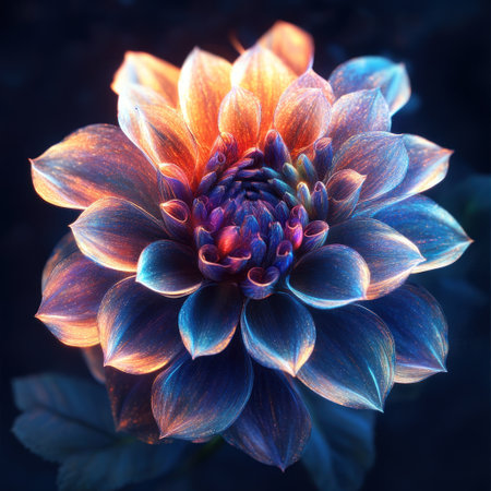 A beautiful, colorful dahlia flower with detailed and vibrant colors on a dark background. This digital art piece is in the style of Loish and Ross Tran, featuring hyper-realistic, cinematic lighting, intricate details, and created using Octane Render and Unreal Engine, resulting in a hyper-detailed and hyper-colorful image. --v 6.1 Job ID: 1c931724-5bff-4ba9-917d-6c4ed61037cdの素材