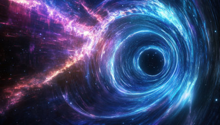 Abstract background with neon light lines in the shape of a wormhole, tunnel, or time portal. Glowing blue and purple curves create the effect of fast movement. Digital illustration in the style of [Artist name]. --ar 53:30 --v 6.1 Job ID: 250b44ac-00e7-46f7-9cbd-02c72bd3987fの素材