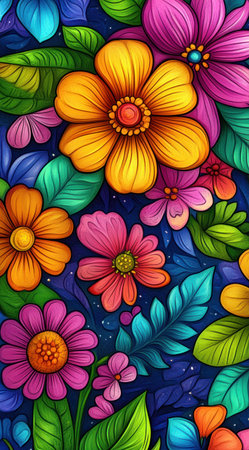 Colorful cartoon flowers, in the style of cartoon, seamless pattern, high resolution, high detail, colorful background, bright colors, colorful background, cute style, dark blue background, colorful flower patterns, colorful leaves. --ar 71:128 --v 6.1 Job ID: 90c48fb0-b48d-49e2-840e-71ec49e5e8ecの素材