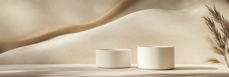 Abstract white cylindrical pedestals set on a beige background for product presentation, a minimalist concept, photorealistic and high-resolution photography. --ar 3:1 --v 6.1 Job ID: 3faa522a-25e0-45d0-8f6f-a6e56e1d0cf6の素材