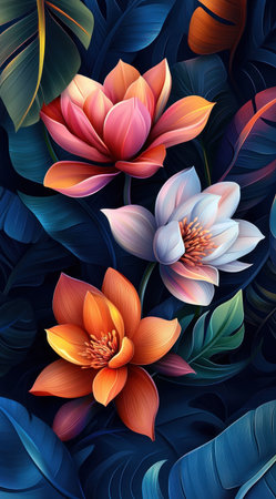 Colorful flowers in the style of vibrant illustrations, detailed foliage, colorful wood carvings, a dark blue background, digital art techniques, pink and orange hues, a hand-drawn illustration, colorful leaves, richly colored petals, large petals, bright colors, a cute cartoon design, and highly realistic. --ar 71:128 --v 6.1 Job ID: e1f032fe-e35b-4ba4-bfff-07ed4ef45425の素材