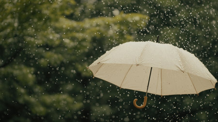 Rainy day with an umbrella in the background, water droplets splashing and pouring down, blurred greenery in the background. High-resolution photography, insanely detailed, fine details, stock photo, professional color grading, award-winning composition, soft light and shadows, cinematic lighting. --chaos 30 --ar 16:9 --v 6.1 Job ID: ddfc1f2b-d849-41e7-8d18-6193fe75a69aの素材