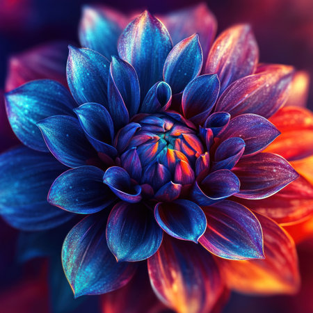 A vibrant dahlia flower with petals in shades of blue, purple, and orange. The focus is on the face, with a colorful background and detailed texture. The rendering style is realistic, hyper-detailed, and in a fantasy art style. The color scheme features dark red and light indigo, with a colorful gradient. The image is a close-up, digital painting, and is beautiful in high resolution. --v 6.1 Job ID: 084409c4-a064-4f61-a247-928f2ce29b58の素材