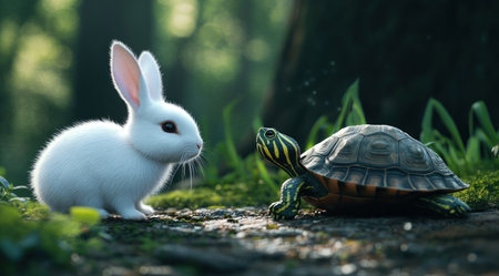 A white rabbit next to a turtle, cute, realistic, cinematic, with dark color grading, and hyper-detailed in the style of a realistic artist. --ar 128:71 --v 6.1 Job ID: b920b1b9-2218-471b-8be0-1e8b65cf8fd0の素材