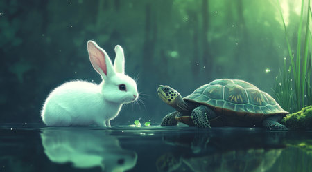 A white rabbit next to a turtle near the water, cute and adorable in a cartoon style, with a hyper-realistic, cinematic, dark color grading, and the appearance of a pencil drawing. --ar 128:71 --v 6.1 Job ID: 288f9800-1f71-4b0d-871a-64b82e470d47の素材