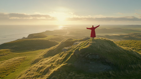 Photo of a woman standing on top of a hill with her arms outstretched, enjoying nature at sunrise. Web banner with copy space on the right. --chaos 30 --ar 16:9 --v 6.1 Job ID: 7324b272-55d9-41dc-a885-55f1ee033e7aの素材